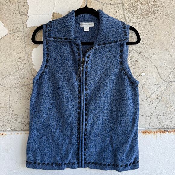 Cabin Core Sweater Vest Full Zip Whipstitch Trim Embroidered X Blue Small Preppy - Picture 1 of 9